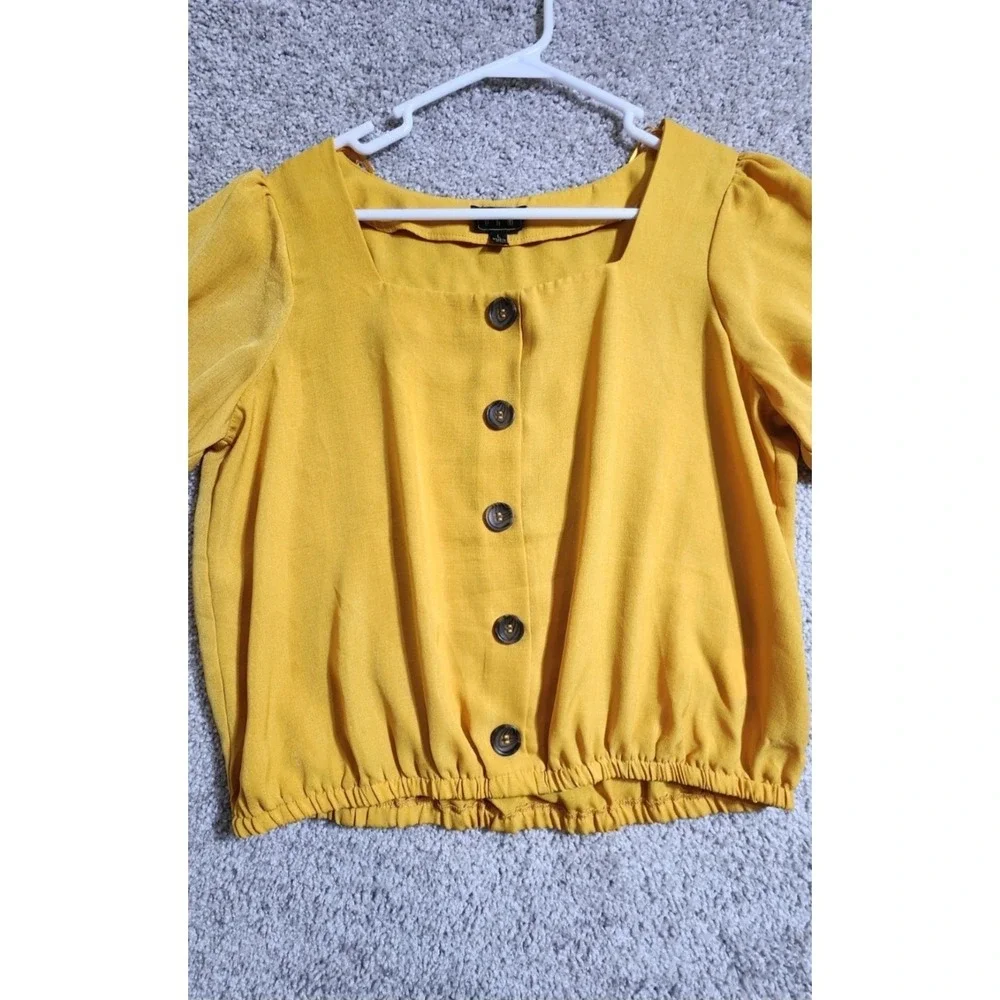 OLM Golden Yellow Milkmaid Style Cropped Blouse Cottagecore Puff Sleeve Top Lrg - Picture 3 of 9